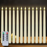 Homemory front packaging showing 12 ivory taper candles and included remote for easy control
