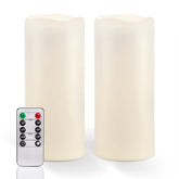 Homemory front view of two LED candles showing warm ambient glow and safety benefit