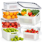 HOMETALL front view of four-piece fridge container set showing sizes and benefits