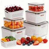 HOMETALL front view of 5 pack fruit container set showing sizes and clear benefits