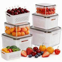 HOMETALL front view of 5 pack fruit container set showing sizes and clear benefits
