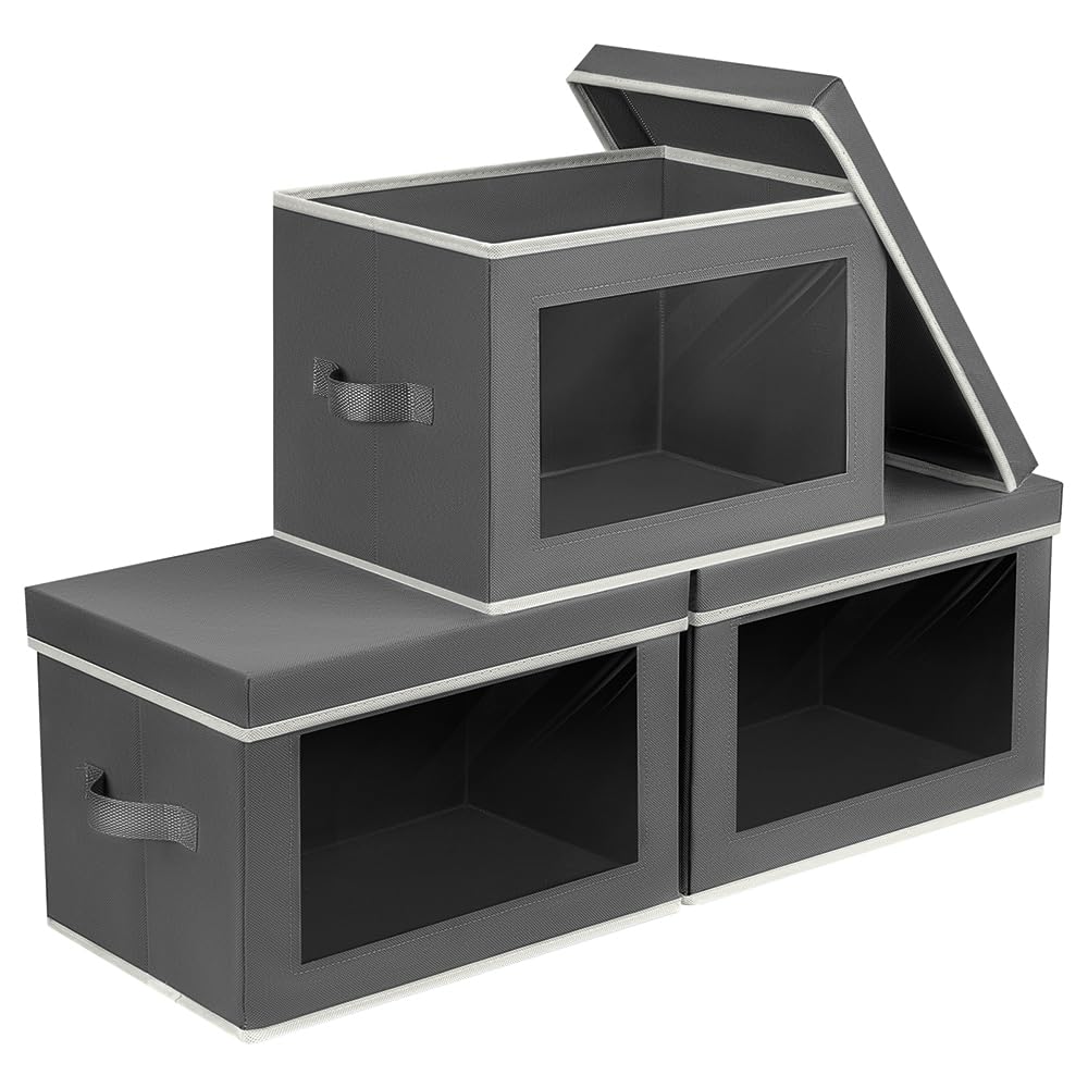 Homsorout front view showing three dark grey bins and lids, tidy storage benefit