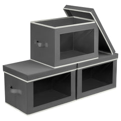 Homsorout front view showing three dark grey bins and lids, tidy storage benefit
