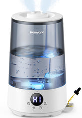 Homvana front view grey showing compact humidifier and controls for quiet comfort