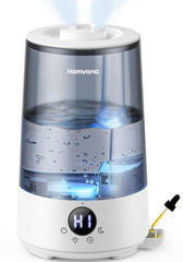 Homvana front view grey showing compact humidifier and controls for quiet comfort