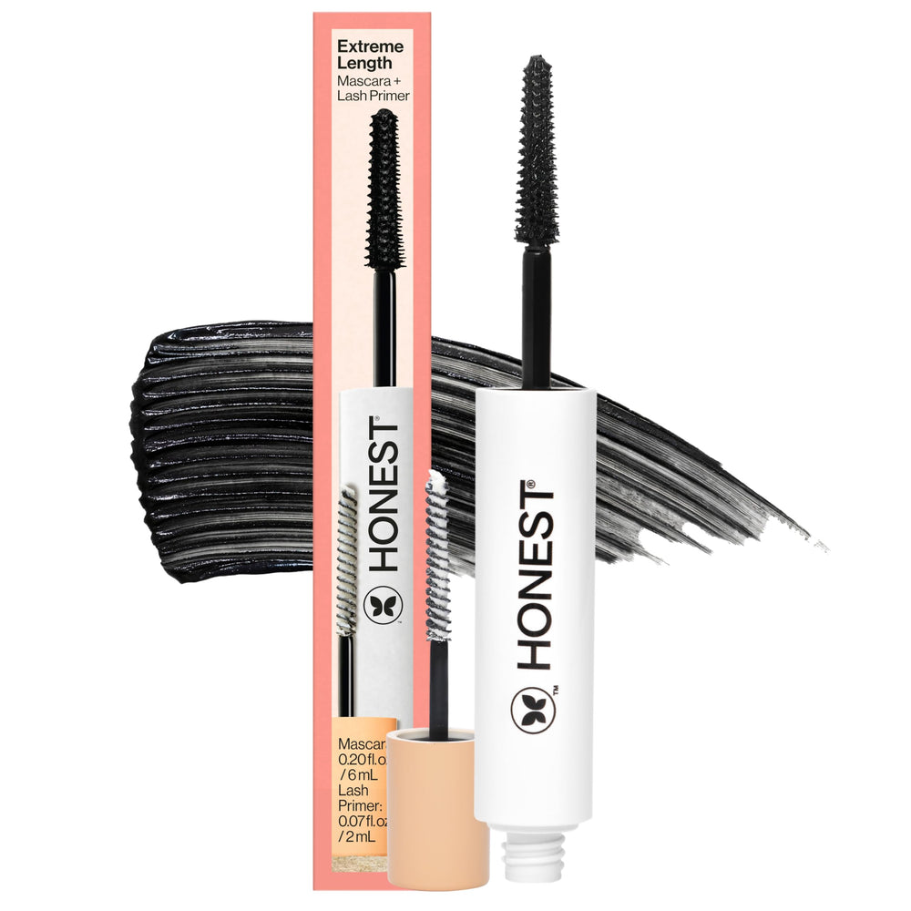 Honest Beauty front packaging showing dual-ended mascara and primer, highlights portability