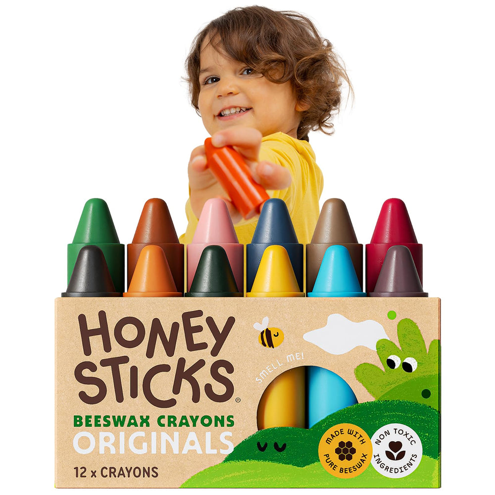Honeysticks front packaging showing 12-color toddler crayon set and benefits