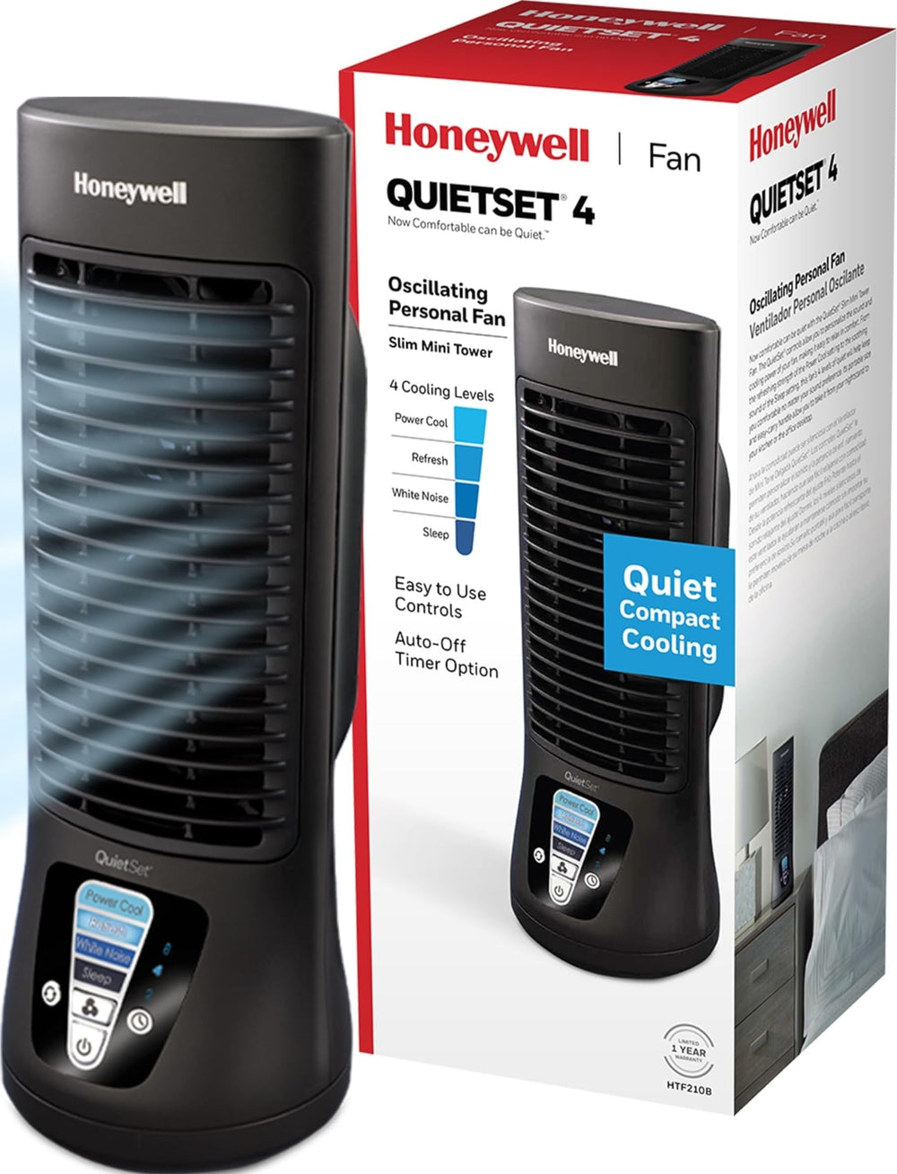 Honeywell HTF210B front view showing compact fan and quiet benefit