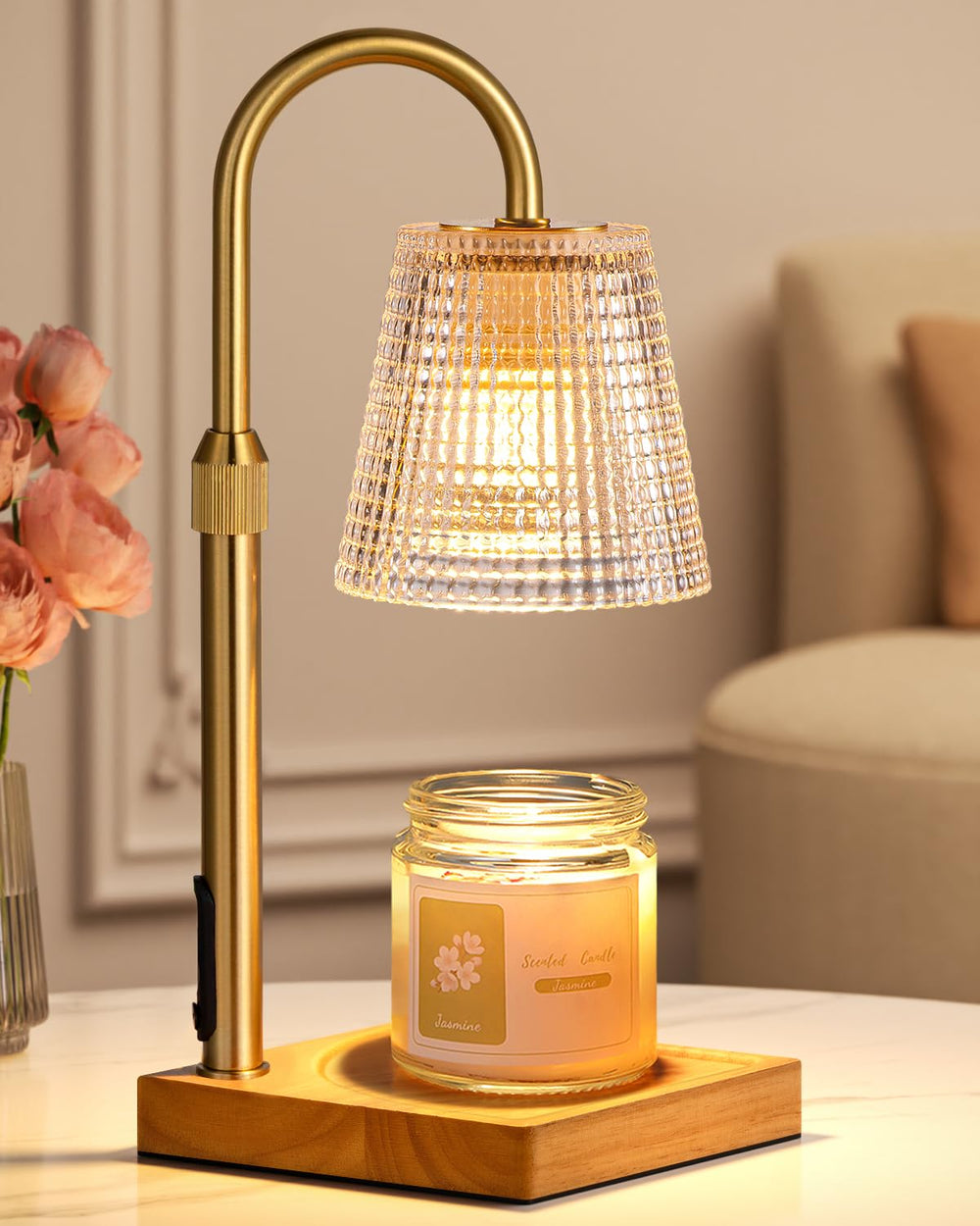 Hong-in front view lamp on table showing warm ambient glow and safe flameless scent release