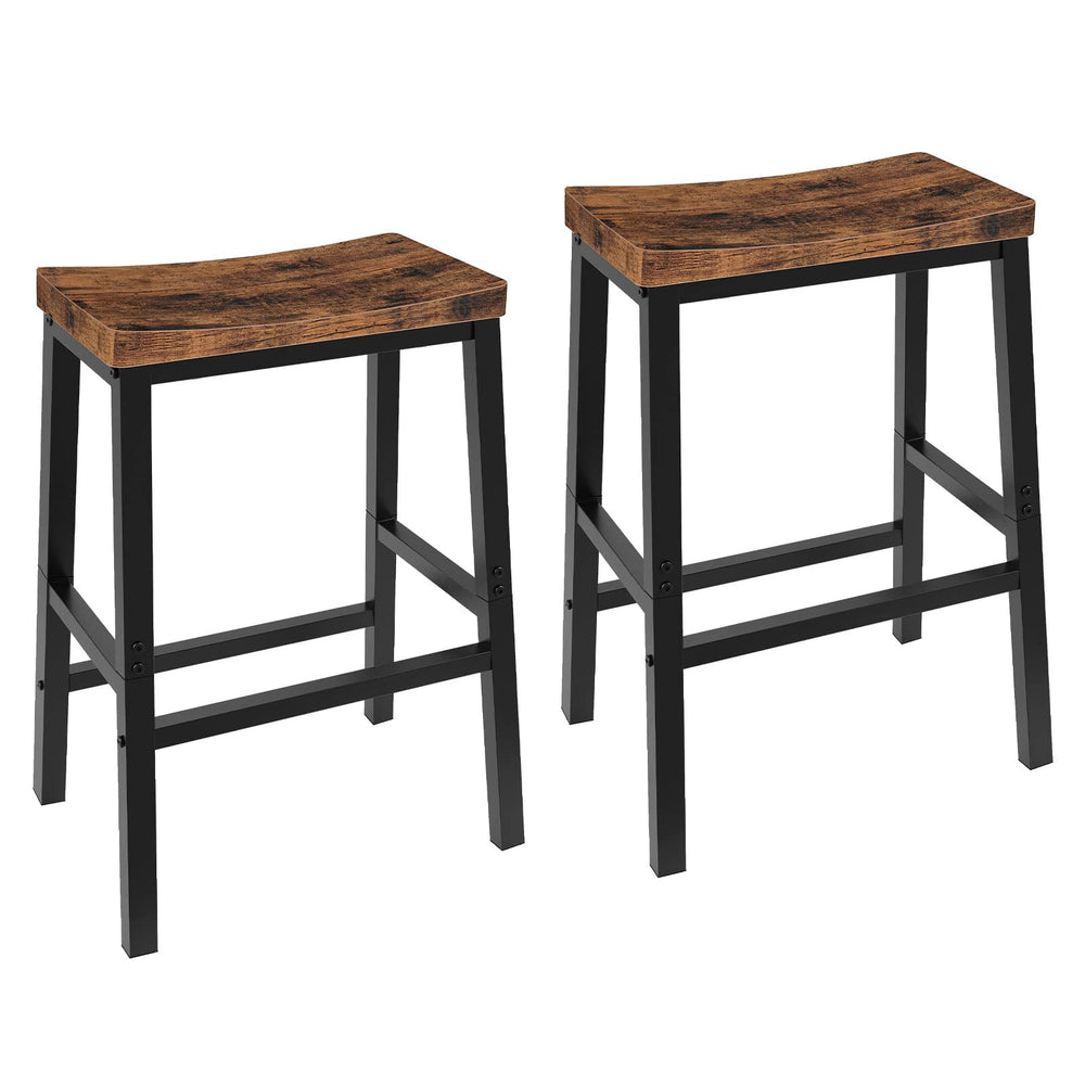 HOOBRO front view of both stools showing rustic brown seats and black frames, ideal for counters