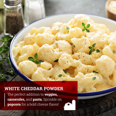 Hoosier Hill Farm powdered cheddar dusted on popcorn showing craveable snack flavor