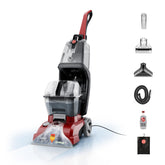 Hoover PowerScrub Deluxe front view showing machine and benefits