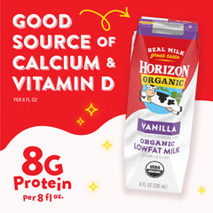Horizon Organic nutrition facts label highlighting protein, calcium, vitamin D benefits