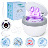 Hossili front view of white ultrasonic retainer cleaner showing compact design and easy placement
