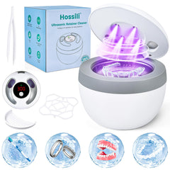 Hossili front view of white ultrasonic retainer cleaner showing compact design and easy placement