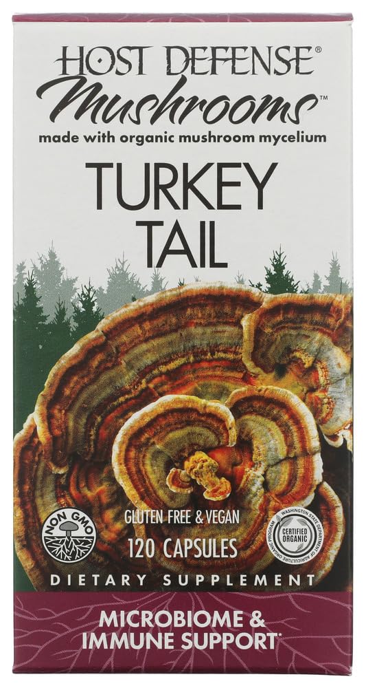 Host Defense front packaging showing bottle with organic Turkey Tail benefits