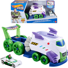 Hot Wheels front view of hauler showing Buzz storage and play functionality