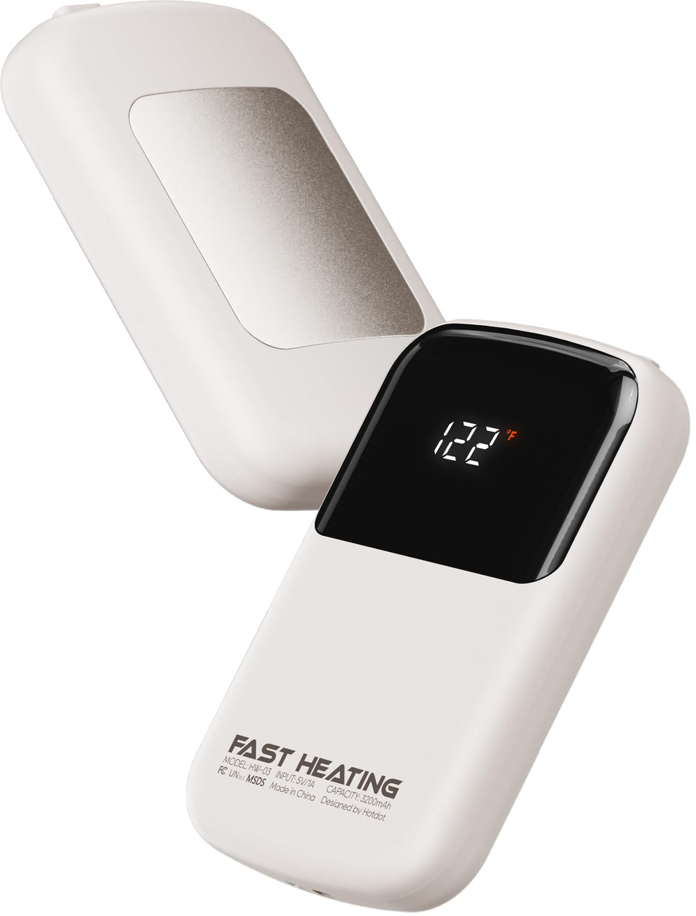 Hotdot front view packaging showing both warmers and gift-ready box, highlights portability