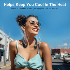 Hotsales neck fan worn around neck demonstrating hands-free cooling benefit