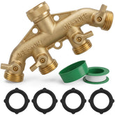 Hourleey front view of brass splitter showing four outlets and durable construction benefit