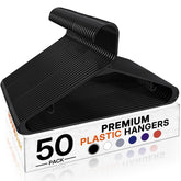 HOUSE DAY front view of 50-pack black hangers showing neat packaging and value