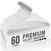 HOUSE DAY front view of 60 pack white velvet hangers showing compact packaging and value