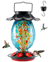 HouseSapp feeder front view showing blue hand-blown glass and solar lid for decorative appeal