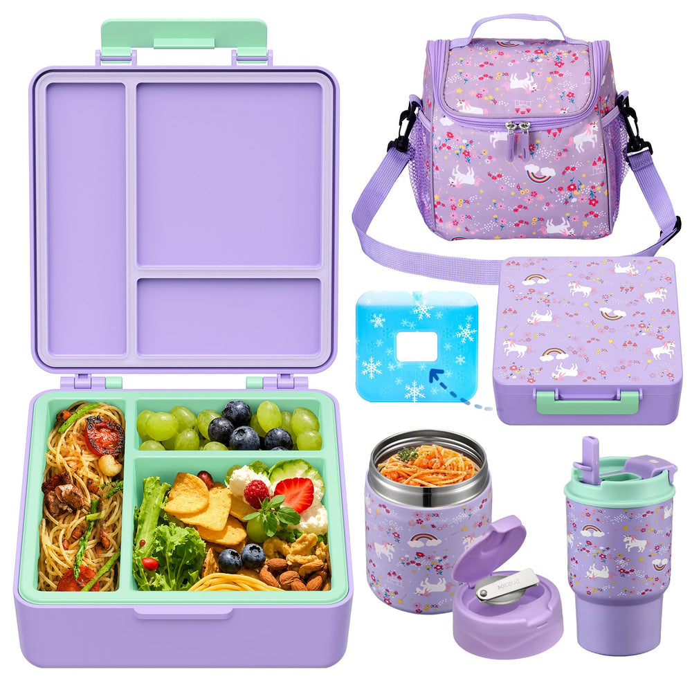 Howeemo front view of full bento lunch set showing contents and bag benefit organization