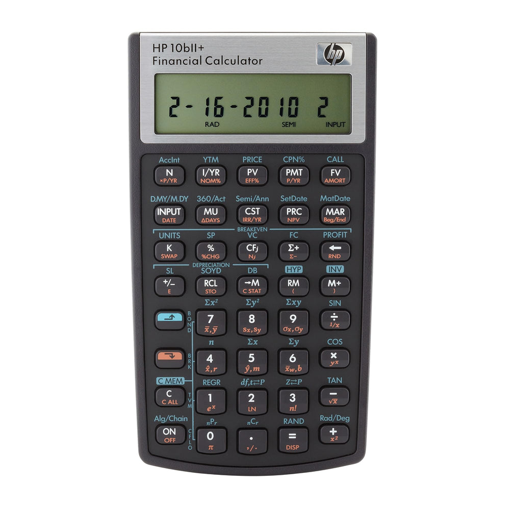 HP 10bII+ front view showing display and compact case for reliable calculations