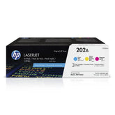 HP 202A front packaging showing three cartridges and clear model labeling for easy buying