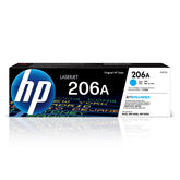 HP 206A cyan front packaging showing product and compatibility, ensuring reliable supplies