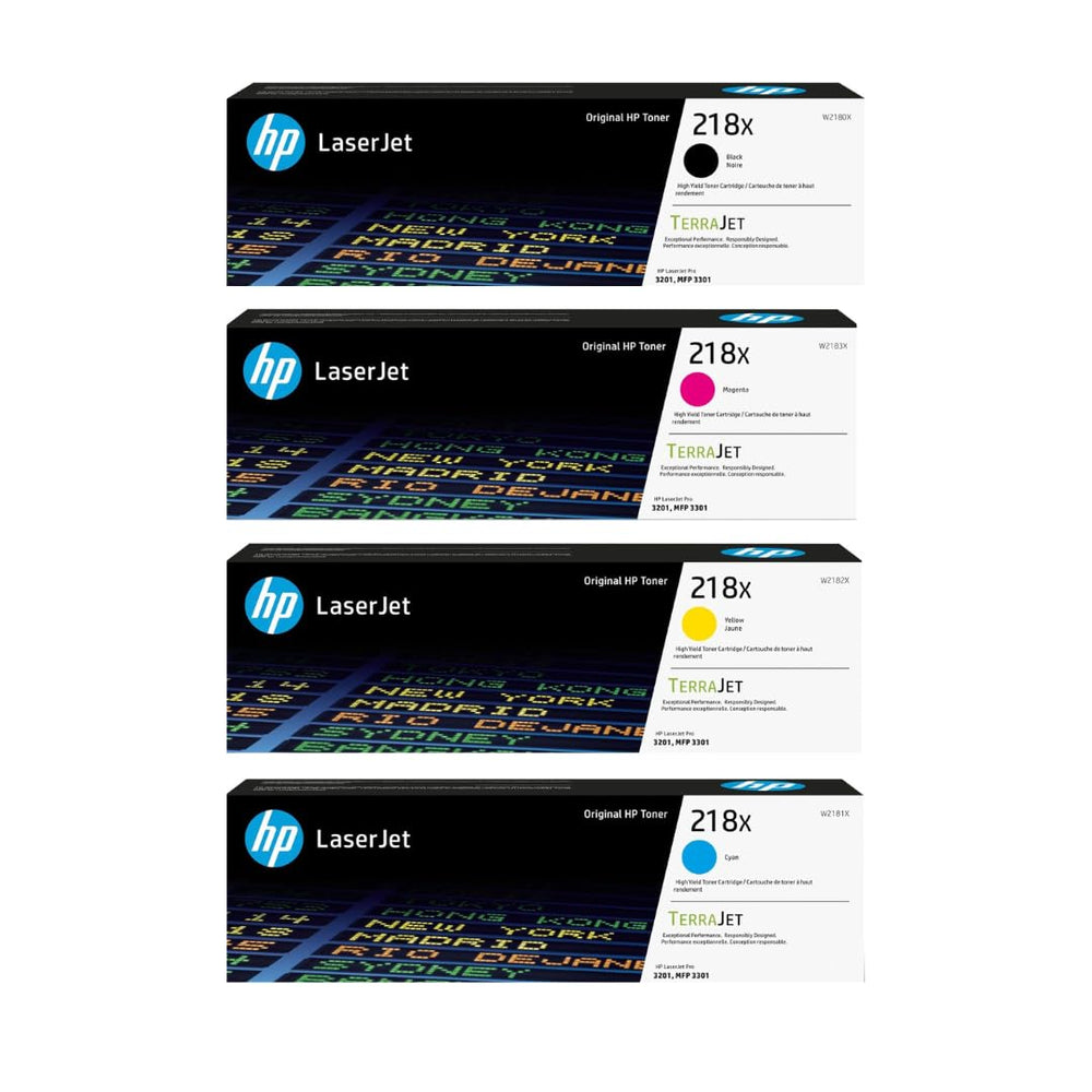 HP front packaging of 218X 4-pack showing product and compatibility benefits