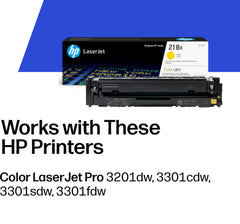 HP 218X yellow cartridge packaging label highlighting compatible models and specs