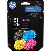 HP 61XL and 61 tri‑color front packaging showing product and benefits