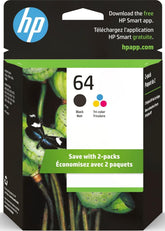 HP 64 front packaging showing combo pack and clear compatibility benefits