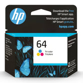 HP 64 tri-color front packaging showing model and compatibility benefits