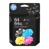 HP 64XL and 64 combo pack front packaging showing model and benefit
