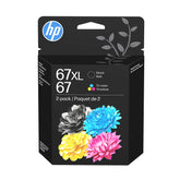 HP 67 two-cartridge pack front view showing brand and packaging benefit