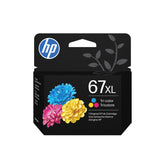 HP 67XL front packaging shows tri-color cartridge and high-yield benefit