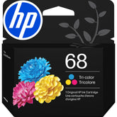 HP 68 tri-color front packaging showing product and compatibility benefits