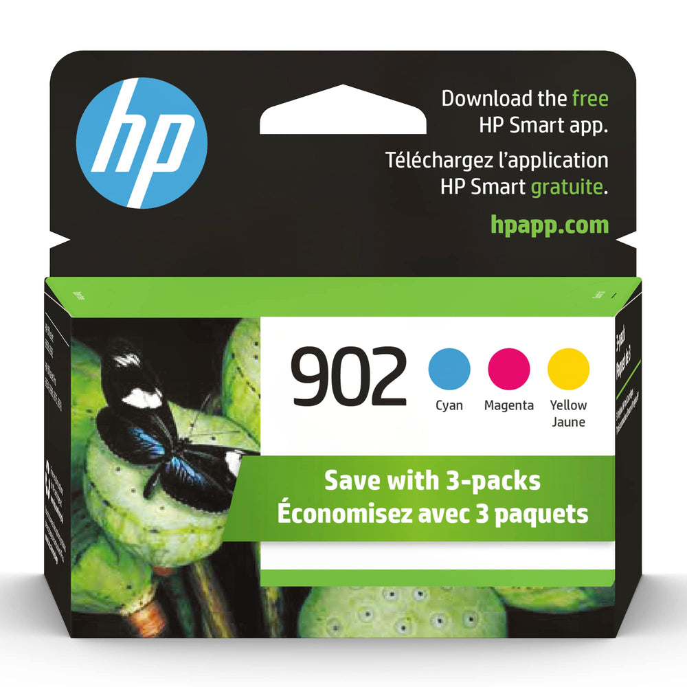 HP 902 tri-color front packaging showing box and benefit of genuine quality