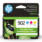 HP 902 tri-color front packaging showing box and benefit of genuine quality