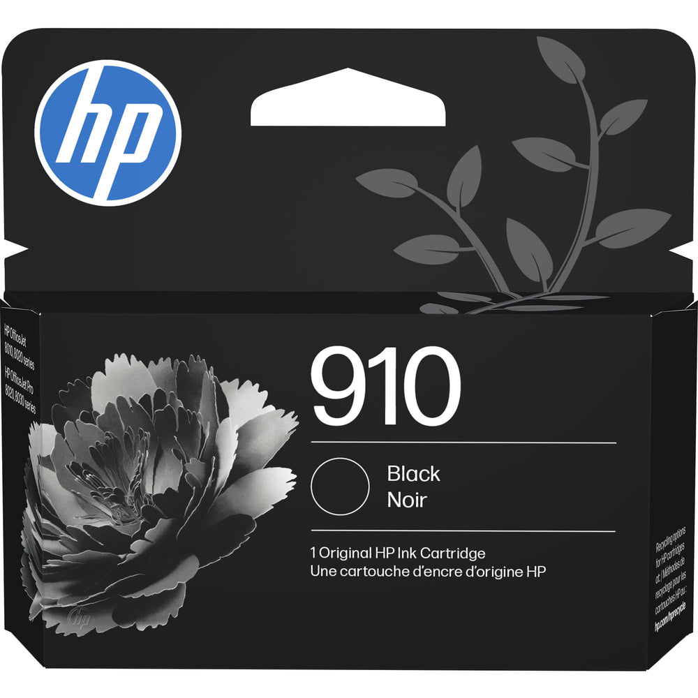 HP 910 black front packaging showing product and compatibility benefits