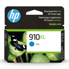 HP 910XL cyan front packaging showing product branding and clear benefit