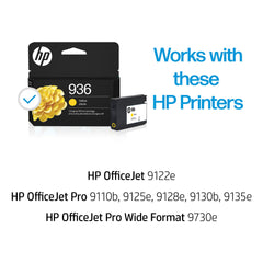 HP 936 yellow side label close-up displaying model number and compatibility benefits