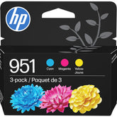 HP 951 three-pack front view showing cartridges and packaging benefit reliable supply