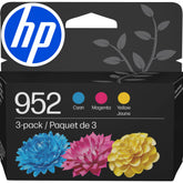 HP 952 three-pack front view showing cartridges and packaging for reliable color