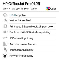 HP OfficeJet Pro 9125 touchscreen closeup with intuitive phone-like interface for easy control