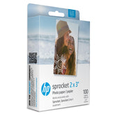 HP Sprocket front packaging showing 100-sheet premium ZINK sticky-back paper and branding, fast sharing benefit
