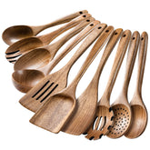 HSM acacia wooden spoons front packaging showing full 10-piece set benefit durable design